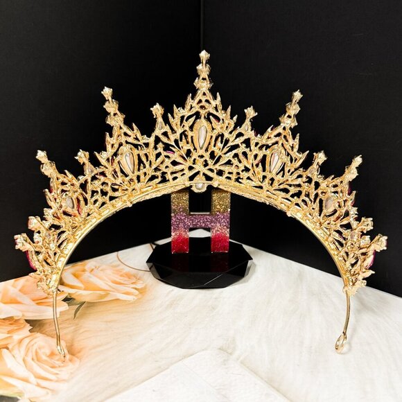 Fuchsia Gemstone Crown, Birthday Tiara, Wedding Headband, Prom Crown, Gold Tiara